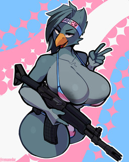 ak_platform anthro areola beak big_breasts bikini breasts bulge clothing gesture gun gynomorph hair hand_gesture holding_object holding_ranged_weapon holding_weapon huge_breasts intersex lgbt_pride looking_at_viewer nipples pride_colors ranged_weapon simple_background solo swimwear thick_thighs transgender_pride_colors two-piece_swimsuit v_sign weapon wide_hips conditional_dnp remanedur avian bird absurd_res digital_media_(artwork) hi_res trans_(lore) trans_woman_(lore)