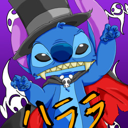 4_fingers ambiguous_gender black_eyes blue_body blue_claws blue_fur blue_nose bone cape chest_tuft claws clothed clothing cosplay costume fangs fingers front_view fur hat head_tuft headgear headwear holidays looking_at_viewer purple_background raised_arm simple_background skull solo teeth text top_hat torn_clothing tuft harara disney halloween lilo_and_stitch mickey_mouse stitch_(lilo_and_stitch) alien experiment_(lilo_and_stitch) ghost spirit vampire 1:1 2013 absurd_res digital_drawing_(artwork) digital_media_(artwork) half-length_portrait hi_res japanese_text portrait