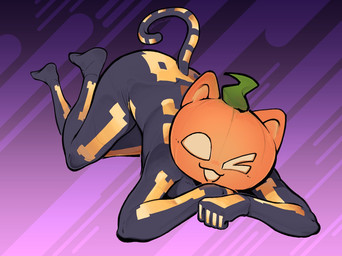bodysuit cat_tail clothing female flirting food for_a_head fruit holidays jack-o'-lantern one_eye_closed plant playful_expression playful_face pumpkin pumpkin_head purple_background raised_tail simple_background skinsuit solo tail tight_clothing wink kristino_stuff epic_games fortnite halloween spice_(fortnite) animal_humanoid cat_humanoid felid felid_humanoid feline feline_humanoid humanoid mammal mammal_humanoid object_head