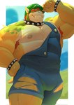 anthro areola armpit_hair barazoku biceps big_muscles blurred_background bodily_fluids body_hair border bracelet claws clothed clothing collar day eyebrows hair hat headgear headwear horn huge_muscles jewelry kemono looking_at_viewer male muscular muscular_anthro muscular_male nipples non-mammal_nipples outside overalls pecs shell smile solo spiked_bracelet spiked_collar spiked_shell spikes spikes_(anatomy) standing sweat teeth thick_arms thick_thighs torn_clothing torn_overalls white_border makebork mario_bros nintendo bowser koopa scalie 2025 hi_res