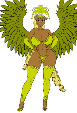 anthro big_breasts blonde_hair bra braided_hair braided_ponytail braided_tail breasts cleavage clothed clothing elbow_sleeves facial_tattoo fake_wings feathered_wings feathers female footwear golden_clothing hair hands_on_hips headpiece high_heels legwear panties ponytail pose shoes simple_background solo stockings tail tattoo underwear white_background wings yellow_eyes zamba_(artform) pia-sama hasbro my_little_pony 00284_(character) fan_character earth_pony equid equine horse mammal pony hi_res