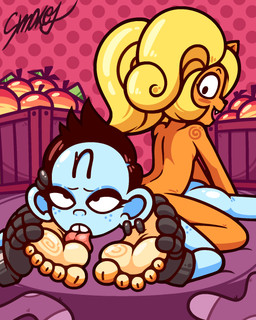 5_toes accessory anthro black_eyeliner black_hair blonde_hair blue_body blue_skin blush box breasts buckteeth butt container crate detailed_background duo ear_piercing eyebrows eyelashes eyeliner eyeshadow feet female female/female flat_chested food foot_fetish foot_focus foot_lick freckles fruit fur glistening glistening_butt glistening_feet hair hair_accessory humanoid_feet licking looking_back looking_pleasured makeup nude orange_body orange_fur piercing plant plantigrade ponytail sharp_teeth side_boob smile teeth toes tongue tongue_out wumpa_fruit smokey_the_menish activision crash_bandicoot_(series) coco_bandicoot nina_cortex bandicoot human mammal marsupial 4:5 hi_res