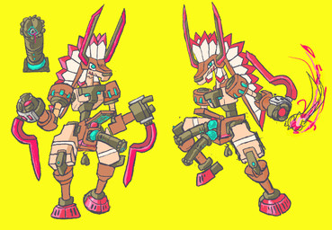 2_penises animal_genitalia anthro bodily_fluids brown_body cum cybernetics equine_genitalia fire genital_fluids genitals headdress hooves machine male melee_weapon multi_genitalia multi_penis penis simple_background solo sword weapon yellow_background woodhouse3d capcom mega_man_(series) mega_man_zx antelope bovid cyborg gazelle mammal reploid robot hi_res
