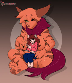 anthro black_sclera breasts clothing duo female female/female gynomorph intersex intersex/female neck_tuft nude orange_body pawpads paws sitting sitting_on_another sitting_on_leg size_difference size_play striped_body stripes tuft doggasaurio mythology dogga canid canid_demon canine demon domestic_cat felid feline felis hellhound mammal mythological_canine mythological_creature hi_res