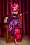 2020 anthro biped cane choker clothed clothing cutie_mark digital_media_(artwork) equid equine eyebrows eyelashes female fingers fishnet_clothing fishnet_legwear friendship_is_magic garter_straps hasbro hi_res holding_object inner_ear_fluff jewelry keyboard_instrument legwear looking_at_viewer mammal musical_instrument my_little_pony necklace piano pinkie_pie_(mlp) setharu solo tuft