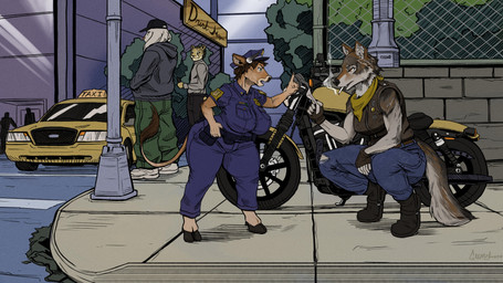 anthro car cigarette clothed clothing crouching curvy_figure duo_focus female fingerless_gloves footwear gloves group handwear hat headgear headwear larger_female motorcycle outside police police_officer police_uniform shoes short size_difference smaller_female smoking standing stocky text uniform vehicle voluptuous mainlinemojo ford ford_crown_victoria bovid bovine canid canine canis felid feline mammal wolf 16:9 2019 absurd_res english_text hi_res widescreen