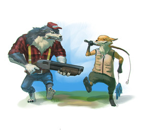 anthro barefoot belt bottomwear brown_body brown_fur clothing duo feet fishing_rod fur gun hat headgear headwear holding_fishing_rod holding_gun holding_object holding_ranged_weapon holding_shotgun holding_weapon male muscular muscular_male object_in_mouth pants ranged_weapon shirt shotgun smile topwear vest walking weapon whiskers jeffchendesigns team_fortress_2 valve valve_corporation canid canine canis fox mammal wolf 2017 digital_media_(artwork) hi_res