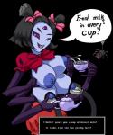 areola beverage big_areola big_breasts big_nipples bodily_fluids breast_milking breasts container cup duo fangs female food huge_areola huge_nipples lactating milk multi_breast multi_eye nipples pigtails puffy_areola puffy_nipples simple_background tea_cup teeth text jim_sugomi undertale undertale_(series) muffet animal_humanoid arachnid arachnid_humanoid arthropod arthropod_humanoid humanoid spider spider_humanoid english_text monochrome