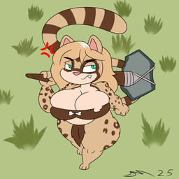 annoyed anthro axe big_breasts bird's-eye_view blonde_hair bottomwear breasts cavewoman clothing female fur_clothing fur_pelt green_eyes hair high-angle_view huge_breasts loincloth long_hair looking_at_viewer looking_up shortstack stone_age stone_axe thick_thighs wide_hips dirtymac domestic_cat felid feline felis leopard mammal pantherine 1:1 absurd_res hi_res