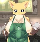 :3 ambiguous_gender anthro apron apron_only between_breasts big_breasts black_eyes blush bodily_fluids breast_smother breasts brown_body brown_fur cafe clothing container cup curvy_figure dual_holding duo featureless_breasts female female/ambiguous female_anthro front_view fur gloves_(marking) green_apron green_clothing heart_symbol holding_container holding_cup holding_object holding_pen huge_breasts inner_ear_fluff kemono looking_at_viewer markings mostly_nude multicolored_body multicolored_fur neck_tuft pen smothering solo_focus standing sweat sweatdrop text tuft two_tone_body two_tone_fur voluptuous white_body white_fur writing_utensil yellow_body yellow_fur lets0020 i_mean_breast_milk dai-chan_(lets0020) okitsune_(lets0020) canid canine fox mammal 2021 digital_media_(artwork) english_text half-length_portrait meme portrait translated_description