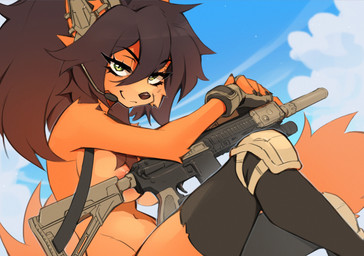 5_fingers anthro big_breasts biped black_hair blue_sky breasts clothing female fingers fluffy fluffy_tail fur gloves green_eyes gun hair handwear headgear headwear legwear long_hair looking_at_viewer military nipples nude orange_body orange_fur outside ranged_weapon rifle sitting sky smile smirk solo stockings tail weapon amarihel canid canine fox mammal hi_res