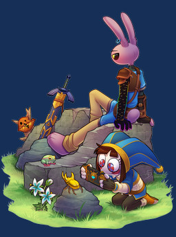 anthro being_watched blush cellphone clothing cosplay duo electronics female flower grass hat headgear headwear looking_at_another male melee_weapon outside phone plant purple_body rock shirt sitting smartphone sword taking_picture topwear tunic weapon absolutedream breath_of_the_wild glitch_productions nintendo the_amazing_digital_circus the_legend_of_zelda jax_(tadc) pomni_(tadc) amphibian canid canine fox frog lagomorph leporid mammal rabbit 2026 absurd_res alpha_channel hi_res
