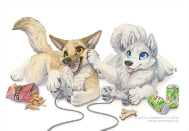 ambiguous_gender beverage_can blep blue_eyes cheek_tuft chest_tuft chip_bag chips_(food) claws controller dog_food dog_treat duo facial_tuft fangs feral food fur furgonomics game_controller hand_on_another's_head inner_ear_fluff open_mouth pet_food simple_background tan_body tan_fur teeth tongue tongue_out tuft white_background white_body white_fur yellow_eyes shinigamigirl mountain_dew canid canine canis domestic_dog german_shepherd herding_dog husky mammal nordic_sled_dog pastoral_dog spitz 2025 painting_(artwork) watercolor_(artwork) watermark