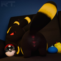 animal_genitalia animal_vulva anus bedroom_eyes berry black_body bodily_fluids butt canine_genitalia canine_vulva dripping female female_feral feral food fruit furniture genital_fluids genitals leaking_vagina looking_at_viewer looking_back markings narrowed_eyes on_sofa pink_anus plant pointy_ears pokeball presenting presenting_anus presenting_vulva quadruped raised_tail rear_view red_eyes ring_(marking) seductive simple_background smile smiling_at_viewer sofa solo steam tail vulva yellow_body raytross nintendo pokemon eeveelution generation_2_pokemon pokemon_(species) umbreon 1:1 2026 3d_(artwork) blender_(artwork) blender_cycles_(artwork) digital_media_(artwork) hi_res watermark
