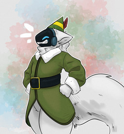 anthro belt big_ears bottomless christmas_clothing clothed clothing coat cosplay fluffy fluffy_tail hat headgear headwear holidays long_tail machine smile solo tail topwear gurglegluts christmas buddy_(gurglegluts) protogen hi_res