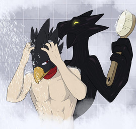 anthro bath bathing dark hero male quirk shadow shower wash mankokat my_hero_academia academia tokoyami hi_res
