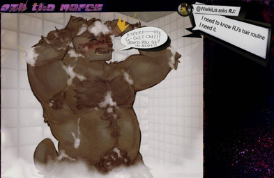 acne afro anthro arm_hair armpit_hair ask_blog bathing blush body_hair braces breaking_the_fourth_wall brown_body brown_fur chest_hair convenient_censorship curly_hair dialogue ear_piercing emanata facial_hair floppy_ears fur goatee green_eyes hair happy_trail male markings mole_(marking) musclegut muscular mustache nub_tail piercing pubes shampoo shower showering snaggle_tooth solo startled steam steam_censorship stubble suds surprised text washing_hair wet wet_body wet_fur wet_hair yelling_at_viewer cerberussenn rj_holiday_(cerberussenn) canid canine canis domestic_dog livestock_guardian_dog mammal molosser mountain_dog pastoral_dog tibetan_mountain_dog absurd_res hi_res signature spanish_text