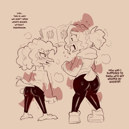 anthro blush bottomwear clothing disembodied_hand duo female grope magic_book pants text tight_bottomwear tight_clothing tight_pants young young_female cold-blooded-twilight disney ducktales ducktales_(2017) gosalyn_waddlemeyer violet_sabrewing anatid anseriform apodiform avian bird duck ghost hummingbird spirit 1:1 2026 english_text hi_res