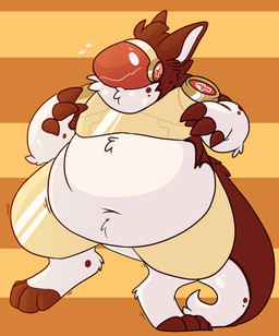 anthro belly belly_overhang belly_rolls big_belly bodily_fluids brown_body brown_fur claws fat_neck fat_rolls fluffy fungus fur love_handles machine male mushroom neck_tuft obese obese_anthro overweight overweight_anthro pattern_background simple_background simple_eyes solo striped_background sweat sweatdrop tan_body thick_thighs tuft white_body white_fur worried worried_look slumberchnk spore_(slumberchnk) protogen hi_res