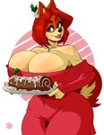 5_fingers anthro big_breasts breasts cake clothing dessert female fingers food green_eyes hair holidays huge_breasts lips lipstick makeup red_hair roll_cake smile solo yule_log doppledadko christmas mama_maria canid canine canis domestic_dog mammal 2019 hi_res