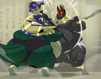 anthro armor belly big_belly big_butt black_body black_fur butt clothed clothing duo fight fur gold_(metal) gold_armor green_body green_scales headgear helmet huge_belly large_male male obese obese_anthro obese_male overweight overweight_anthro overweight_male partially_clothed partially_clothed_anthro partially_clothed_male scales weapon white_sclera yellow_sclera reagan700 aun-ib khopesh_(a-side) alligator alligatorid canid canine canis crocodilian jackal mammal reptile scalie hi_res