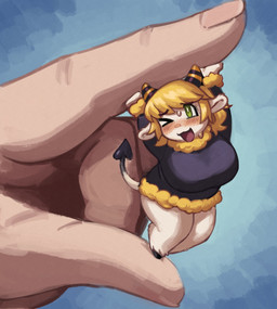 ambiguous_gender anthro barefoot big_breasts blonde_hair blue_background blush bodily_fluids breasts disembodied_hand duo extreme_size_difference eyebrow_through_hair eyebrows feet female green_eyes hair holding_another horn huge_breasts micro one_eye_closed simple_background size_difference smile spade_tail striped_horn stripes sweat tail translucent translucent_hair wink chimeracauldron pico_(picosheep) bovid caprine human mammal sheep 2025 hi_res