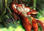 anthro axe bottomwear bulge chest_scar clothed clothing erection forest horn loincloth male melee_weapon membrane_(anatomy) membranous_wings muscular muscular_male plant red_body red_scales scales scar sleeping solo tail topless tree weapon wings nous_(artist) european_mythology mythology solaris_(solardragon719) dragon mythological_creature mythological_scalie scalie western_dragon winged_dragon 3d_(artwork) absurd_res digital_media_(artwork) hi_res portrait three-quarter_portrait