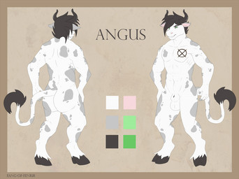 angus_(tylerqj) animal_genitalia animal_penis anthro balls butt chest_markings flaccid fully_sheathed fur genitals green_eyes grey_spots hooves male markings muscular muscular_male nude nude_anthro nude_male pecs penis sheath smile solo spots spotted_body tail tail_tuft tuft unguligrade white_body white_fur fang-of-fenrir bovid bovine cattle mammal model_sheet
