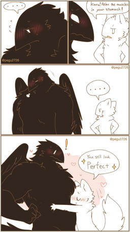 4_panel_comic anthro back_wings beak biped black_body black_feathers chest_tuft close-up closed_smile constricted_pupils dialogue duo embarrassed empty_eyes eyes_closed feathered_wings feathers female front_view hug hugging_another larger_anthro larger_male male male_anthro married_couple monotone_body monotone_feathers mouth_closed muscular muscular_anthro muscular_male nude nude_anthro nude_male plantigrade pupils side_view size_difference slim_anthro slim_female small_pupils smaller_anthro smaller_female smile speech_bubble stocky text three_row_layout tuft wide_eyed wings pegu2726 karagarasu_(pegu2726) tarte_(pegu2726) avian bird corvid corvus_(genus) crow oscine passerine 2025 9:16 artist_name comic digital_drawing_(artwork) digital_media_(artwork) english_text flat_colors hi_res female_(lore) male_(lore)