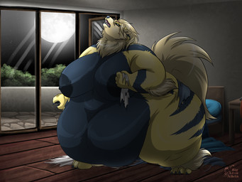 4_toes 5_fingers anthro anthrofied bed belly big_belly big_breasts biped black_body black_fur black_lips black_nipples black_nose blue_eyes breasts clothing feet female fingers full_moon fur furniture hair howl huge_belly huge_breasts hyper hyper_belly implied_transformation lips moon morbidly_obese morbidly_obese_anthro morbidly_obese_female nipples nude obese obese_anthro obese_female open_mouth overweight overweight_anthro overweight_female pokemorph solo standing teeth toes tongue torn_clothing wardrobe_malfunction yellow_body yellow_fur biglovealicia nintendo pokemon arcanine canid canine canis generation_1_pokemon mammal pokemon_(species) shiny_pokemon 2015 4:3 digital_media_(artwork) hi_res