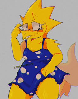 3_horns alternate_species anthro barefoot belly blue_eyes blush breasts buckteeth claws clothed clothing dress eyewear feet female front_view fully_clothed glasses horn kneeling multi_horn non-mammal_breasts polka_dots rectangular_glasses scales simple_background slightly_chubby slightly_chubby_anthro slightly_chubby_female smile solo tail teeth thick_tail thick_thighs yellow_body yellow_scales zzcarnotauro undertale_(series) alphys ceratopsian dinosaur ornithischian prehistoric_species reptile scalie triceratops hi_res