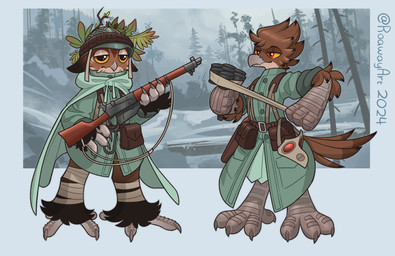 ambiguous_gender anthro armor claws clothing duo explosives grenade gun headgear helmet mask ranged_weapon rifle smile standing uniform weapon roawayart avian hi_res