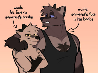 anthro black_eyes brown_body brown_fur clothing crossed_arms duo fur hair male male/male multicolored_body multicolored_fur muscular muscular_male nipples pecs purple_sclera shirt shirtless_male smile standing tan_body tan_fur tank_top text topwear two_tone_body two_tone_fur yellow_sclera rygel_spkb milo_(rygel_spkb) yoby_(rygel_spkb) canid mammal 2025 english_text hi_res