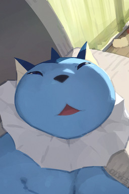 ambiguous_gender black_nose blue_body blue_eyes feral fin fisheye_lens frill_(anatomy) open_mouth solo tongue white_body olyester nintendo pokemon eeveelution generation_1_pokemon pokemon_(species) vaporeon 2026 digital_media_(artwork) reaction_image