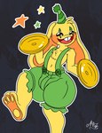 anthro buckteeth bulge clothing feet fur happy hat headgear headwear male open_mouth party_hat soles solo star teeth thick_thighs wide_hips yellow_body yellow_fur negi_mauve mob_entertainment poppy_playtime bunzo_bunny lagomorph leporid mammal rabbit hi_res