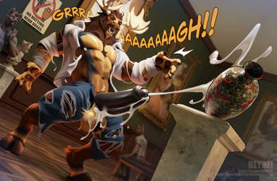 5_fingers anthro antlers ball_tuft balls big_balls big_penis black_penis bodily_fluids body_size_growth bottomwear breasts brown_body brown_fur claws clothed clothing cum cum_drip cumshot cumsplosion denim denim_bottomwear denim_clothing dripping drooling ejaculation erection facial_hair fangs finger_claws fingers fur genital_fluids genitals group hands-free hooves horn humanoid_genitalia humanoid_penis jeans male muscular muscular_anthro muscular_male museum mustache open_mouth pants partially_clothed penis saliva saliva_string shirt size_transformation solo spontaneous_ejaculation sweat sweatdrop sweaty_breasts teeth topwear torn_bottomwear torn_clothing torn_jeans torn_pants torn_shirt torn_topwear transformation tuft vase reydzi diffuse_moose deer mammal moose new_world_deer werecreature weredeer weremoose werenew_world_deer absurd_res hi_res