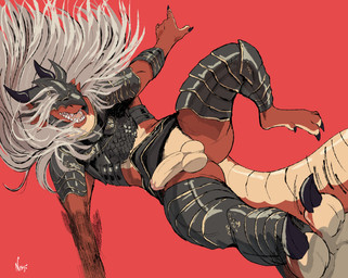 anthro armor balls cosplay genitals hair headgear helmet horn humanoid_genitalia humanoid_penis jumping long_hair male open_mouth penis red_background red_body red_scales scales simple_background solo tail tan_body tan_scales teeth teeth_showing white_hair negy elden_ring fromsoftware mythology ven_(dragon) dragon mythological_creature mythological_scalie scalie 2022 absurd_res hi_res signature