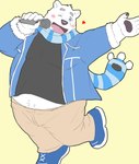 anthro belly blush bottomwear clothing electronics kemono male microphone one_eye_closed overweight overweight_male pants scarf shirt simple_background solo sweater topwear wink nikukyu299paw utau shirane_kan bear mammal polar_bear ursine 2024 hi_res