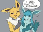 anthro anthrofied biped blue_body blue_fur blush dialogue duo fur male male/male pokemorph speech_bubble suggestive_dialogue text white_body white_fur yellow_body yellow_fur sealer4258 nintendo pokemon fan_character sealer_(sealer4258) eeveelution generation_1_pokemon generation_4_pokemon glaceon jolteon pokemon_(species) english_text hi_res