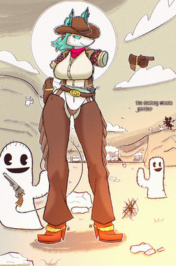 anthro big_breasts breasts clothed clothing cowboy_hat female floating_hands gloves gun hair handwear hat headgear headwear machine ranged_weapon smile tail text thick_thighs thong underwear weapon lefemdoc deltarune undertale_(series) tasque_manager darkner felid feline mammal robot digital_media_(artwork) english_text hi_res