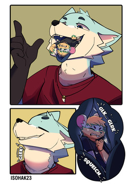 anthro gulp_(sound_effect) macro male micro open_mouth size_difference squeezed swallowing teeth tight_throat tongue vore isohak23 jax_(sugarpunk) loxy_(isohak23) australian_possum canid canine canis mammal marsupial petaurid sugar_glider wolf absurd_res comic digital_media_(artwork) hi_res