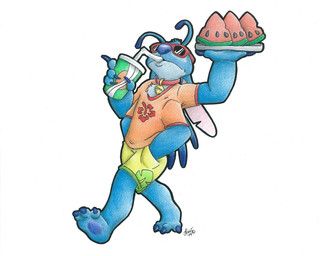3_toes 4_arms 4_fingers antennae_(anatomy) anthro anthrofied back_spines bendy_straw beverage blue_body blue_claws blue_fur blue_nose bottomwear chest_tuft claws clothed clothing collar container cup dipstick_antennae drinking drinking_straw ears_down eyewear feet fingers food fruit fur hand_in_pocket hands_in_both_pockets head_tuft holding_container holding_cup holding_object melon multi_arm multi_limb multicolored_antennae notched_ear outline pivoted_ears plant pockets shirt shorts simple_background solo sunglasses t-shirt toe_claws toes topwear tray tropical tuft walking watermelon watermelon_slice white_background omadaun disney lilo_and_stitch stitch_(lilo_and_stitch) alien experiment_(lilo_and_stitch) 2014 signature traditional_media_(artwork)