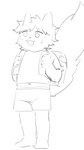 anthro backpack barefoot beady_eyes bottomwear clothing crop_top feet fluffy fluffy_tail fur male markings navel shirt shorts slightly_chubby solo tail topwear white_body white_fur young young_anthro young_male nijocest reku_(akubon) domestic_cat felid feline felis mammal persian_cat hi_res monochrome sketch