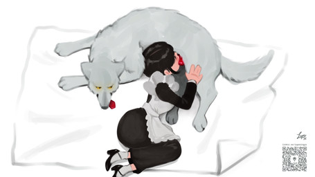 animal_genitalia animal_penis apron bedroom_eyes bestiality black_clothing black_hair black_nose blush breasts canine_genitalia canine_penis clothed clothed_female clothed_human clothing duo erection fellatio female female_human female_on_feral female_penetrated feral feral_penetrating feral_penetrating_human footwear fully_clothed fully_clothed_female fully_clothed_human fur genitals hair holding_penis human_on_feral human_penetrated interspecies looking_at_another looking_pleasured lying maid_uniform male male/female male_feral male_penetrating male_penetrating_female narrowed_eyes on_front on_side oral oral_penetration paws penetration penile penile_penetration penis qr_code realistic_feral seductive sex shoes short_hair simple_background socks text tongue tongue_out uniform white_background white_body white_clothing white_fur yellow_eyes lupaningyo canid canine human humanoid mammal 16:9 2025 4k absurd_res comic english_text hi_res story story_in_description widescreen