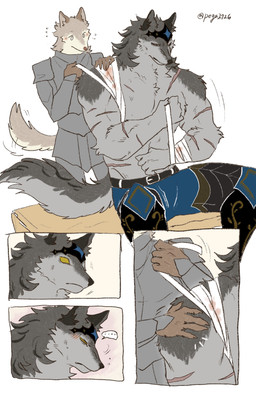 anthro armor bandage black_nose blush blush_lines brown_body brown_fur brown_nose clothed clothing duo fluffy fluffy_tail fur grey_body grey_fur intimate kemono knight knight_armor looking_at_another male male/male medieval medieval_armor military multicolored_body multicolored_fur no_pupils pointy_ears scar soldier tail tail_motion tailwag tan_body tan_fur text topless topless_male touching_shoulder two_tone_body two_tone_fur warrior weapon white_body white_fur wounded pegu2726 canid canine canis mammal wolf 2026 absurd_res comic hi_res