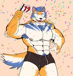 abs anthro areola barazoku biped birthday blue_body blue_fur boxers_(clothing) boxers_only bulge claws clothed clothing confetti finger_claws fingers flag flag_(object) front_view fur happy holding_flag holding_object humanoid_hands male multicolored_body multicolored_fur muscular muscular_anthro muscular_male nipples open_mouth open_smile orange_body orange_fur pubes simple_background smile solo standing tan_background teeth text topless topless_anthro topless_male underwear underwear_only white_body white_fur john_wolf6 canid canine canis mammal wolf 2025 artist_name colored hi_res portrait three-quarter_portrait