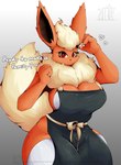 absurd_res anthro anthrofied barely_visible_breasts big_breasts breasts clothed clothing eeveelution eyebrows eyelashes female fingers flareon fur generation_1_pokemon hair heart_symbol hi_res impregnation_request looking_at_viewer male nintendo orange_body orange_fur pokemon pokemon_(species) red_eyes sketchy_protogen solo text thick_thighs tufted_fur wide_hips
