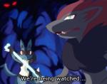 ambiguous_gender anthro blue_body blue_eyes blue_fur bone bone_rush duo fur pokemon_move red_eyes text segamastergirl nintendo pokemon canid canine generation_4_pokemon generation_5_pokemon lucario mammal pokemon_(species) zoroark absurd_res english_text hi_res