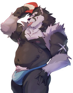5_fingers anthro biped blue_clothing blue_speedo blue_swimwear bulge claws clothed clothing fingers humanoid_hands male navel pokemorph pubes solo speedo speedo_only swimwear tongue tongue_out topless white_pubes hachitart nintendo pokemon generation_8_pokemon obstagoon pokemon_(species) colored hi_res