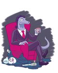 anthro bent_legs beverage clothed clothing crossed_legs furniture grey_body hair leg_over_thigh looking_at_viewer male missing_finger necktie sitting sofa solo suit yellow_eyes unknown_artist disney star_vs._the_forces_of_evil toffee_(svtfoe) lizard reptile scalie 4:5 hi_res